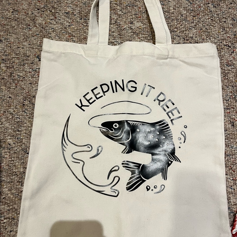 Keeping It Reel Canvas Tote Bag - Cream with Black Fish Graphic